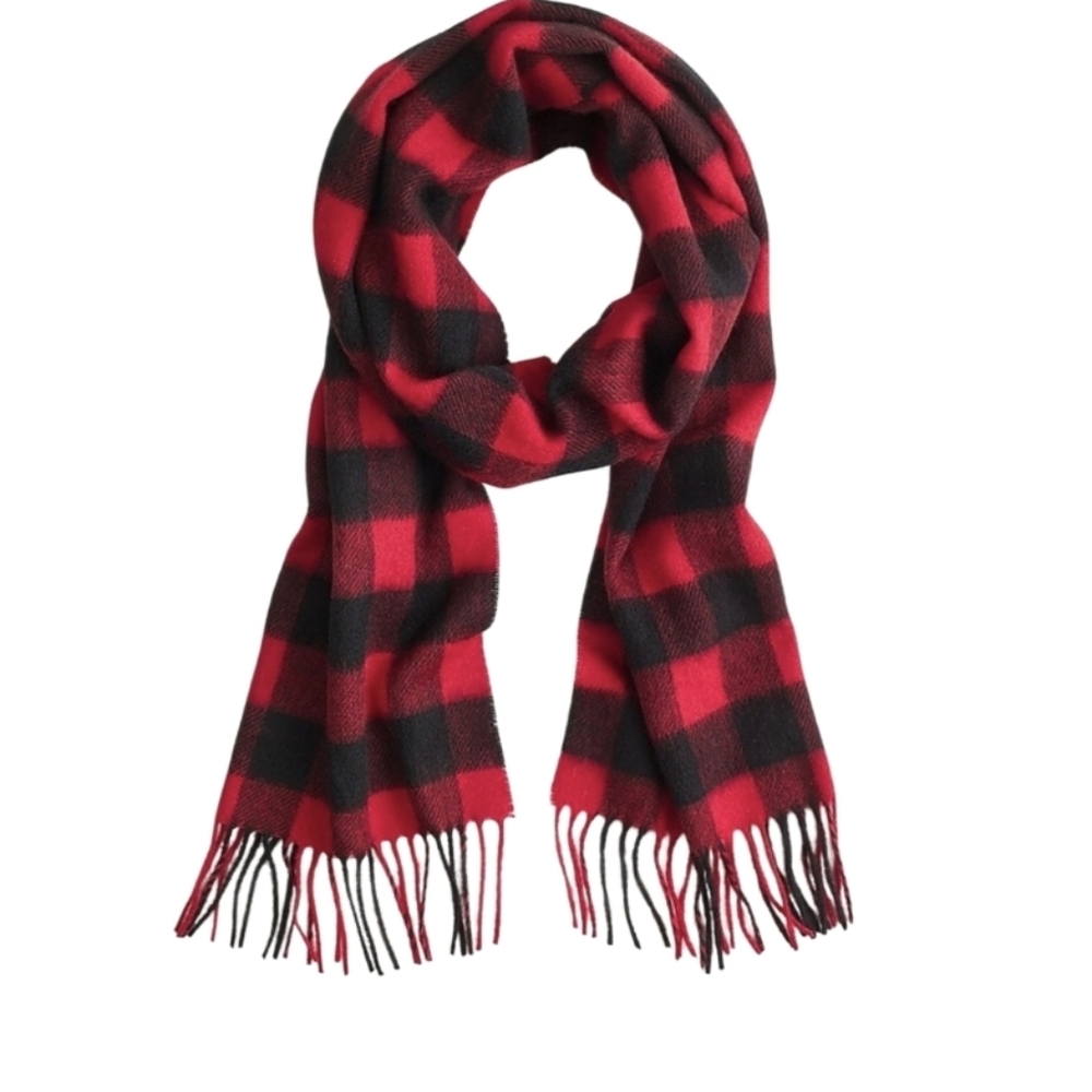 J.Crew Scarf Wool Black Red‎ Buffalo Plaid Rectangle Fringe